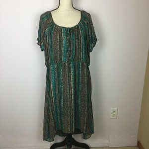 Maurices Hi-Low Dress 3X Womans Plus Brown Teal Striped Elastic Waist Lined